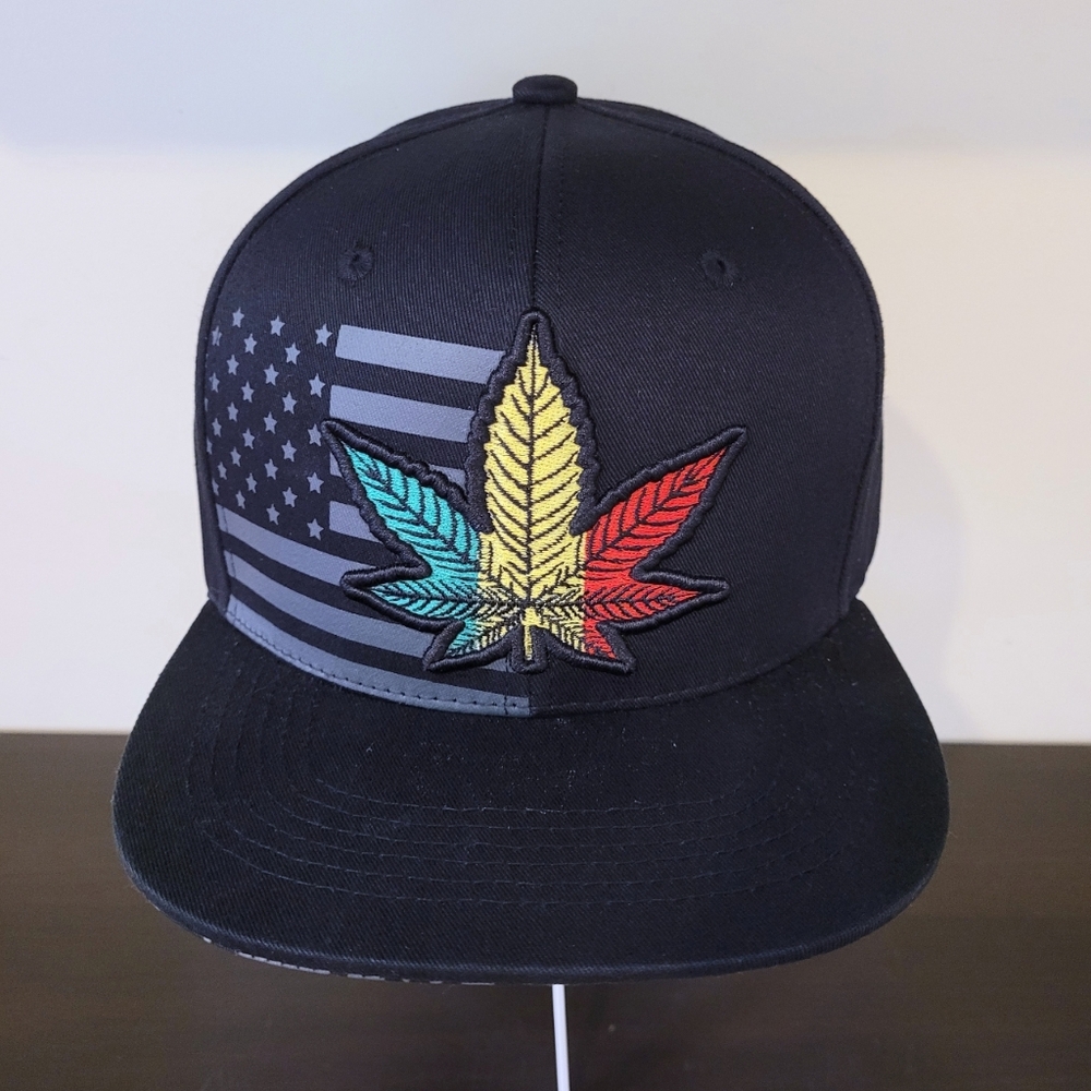 Multicolor Embroidered Weed Leaf American Flag Black and Gray Snapback